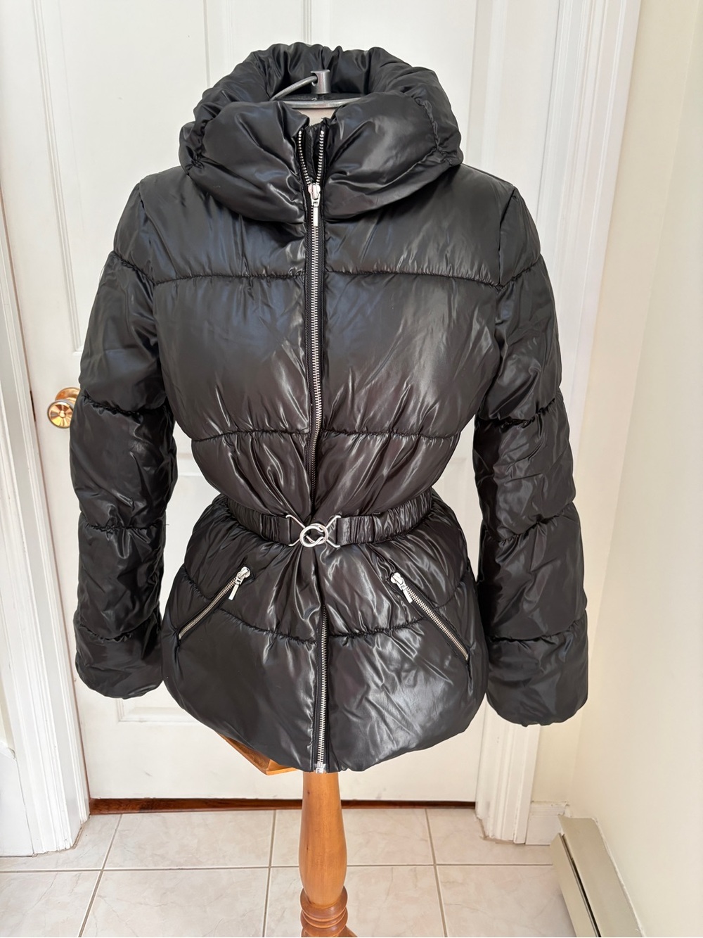 H&M Black Quilted Belted Puffer Jacket with belt